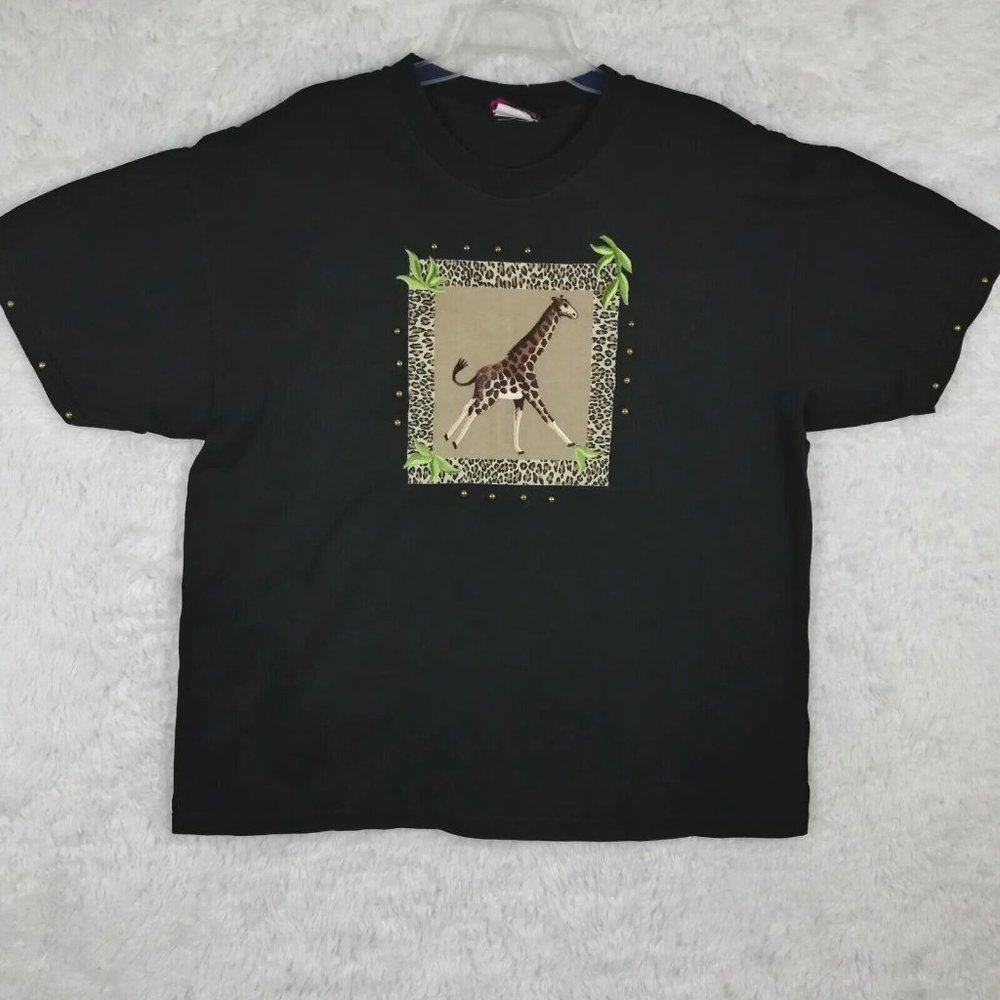 Vintage P.G.B. Womens Shirt Tee Black Giraffe Studded Short Sleeve‎ Plus 1X